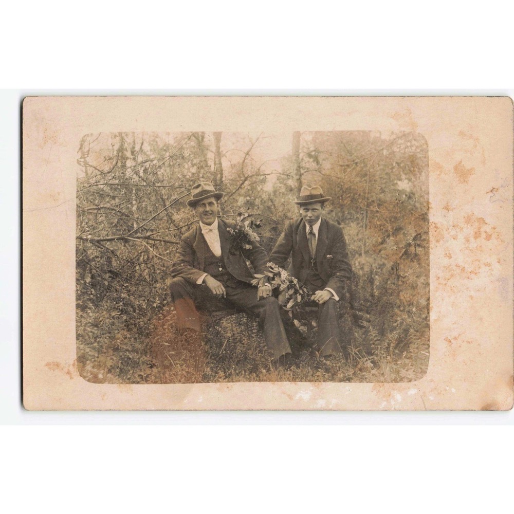 RPPC Two Men Suits Fedoras Flowers Outdoor Woodland Real Photo Postcard